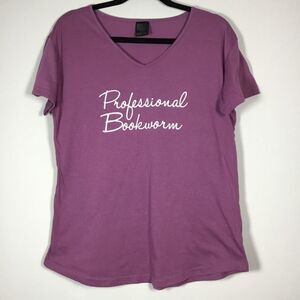 “Professional Bookworm” soft tee in eggplant purple v neck short sleeve size XL